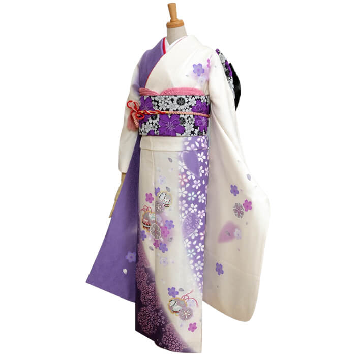 振袖 紫系 濃紫 鞠 桜 組みひも 金彩 正絹 振袖 紫系 濃紫 鞠 桜 組み