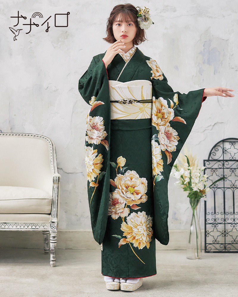 最終価格❕》振袖フルセット（7点）＋ファー付き 正絹振袖 緑系 成人式