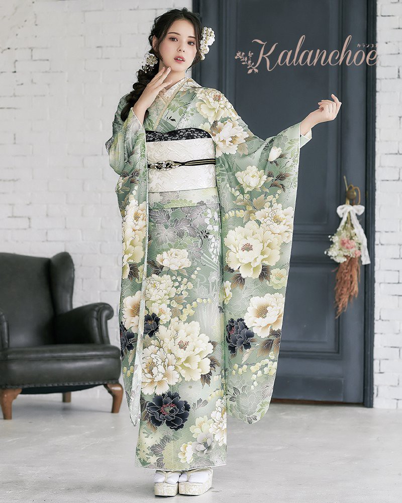 モスグリーンの無地に立体刺繍加工 豪華振袖成人式8点フルセット 正絹