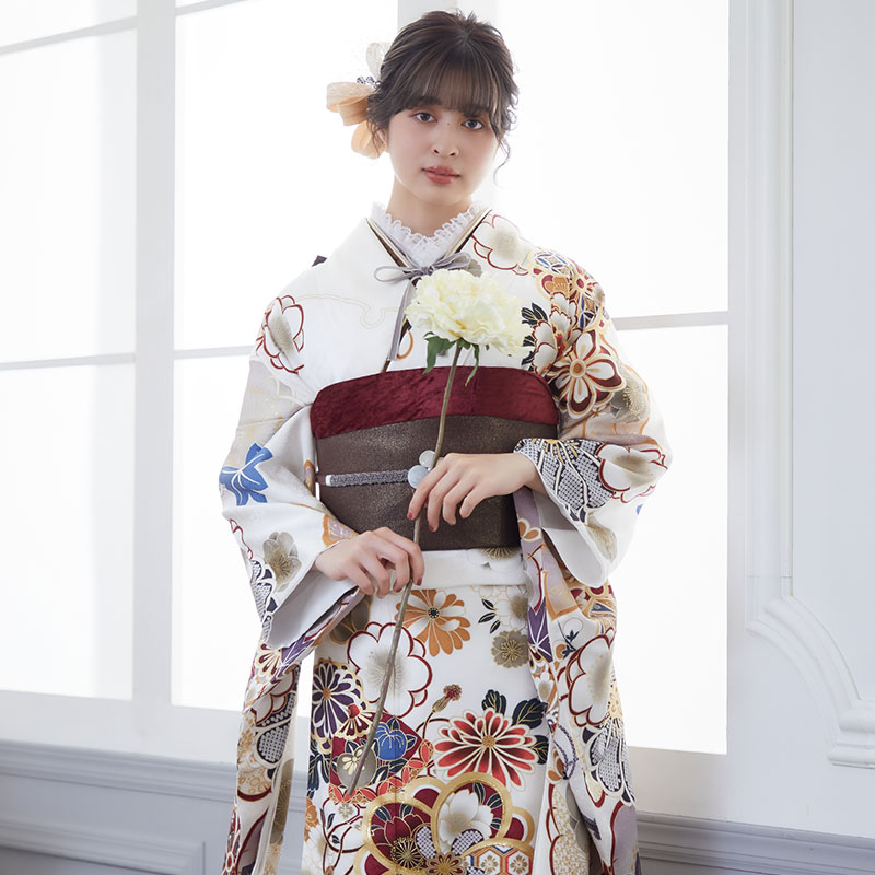 振袖セット 熨斗花鳥文 正絹 灰梅色 友禅 暈し染め 袋帯 古典柄 28