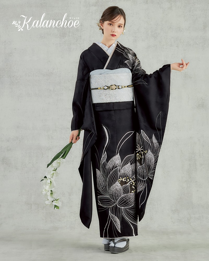 振袖フルセット 花蝶文 成人式 振袖 ゴールド 黒 正絹 振袖6点セット