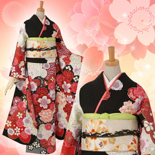 楽天市場】【成人式 振袖 レンタル】RS381 正絹 黒 絞り柄に牡丹と