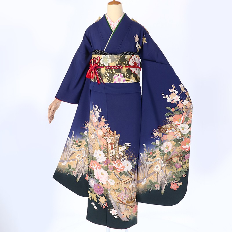楽天市場】【振袖 レンタル】 結婚式 結納R892 正絹 青 御所車に四季の