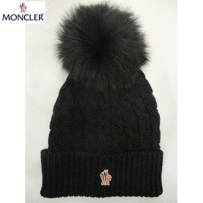 モンクレールブラック ニット帽 ファー付き