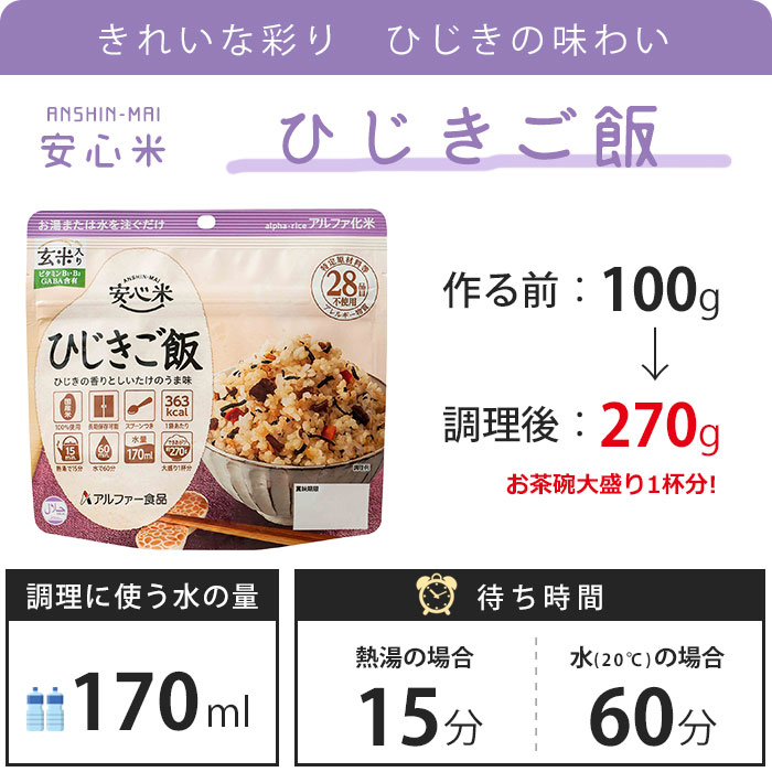 楽天市場】非常食 アルファ米 安心米 ひじきご飯 100g 玄米入り