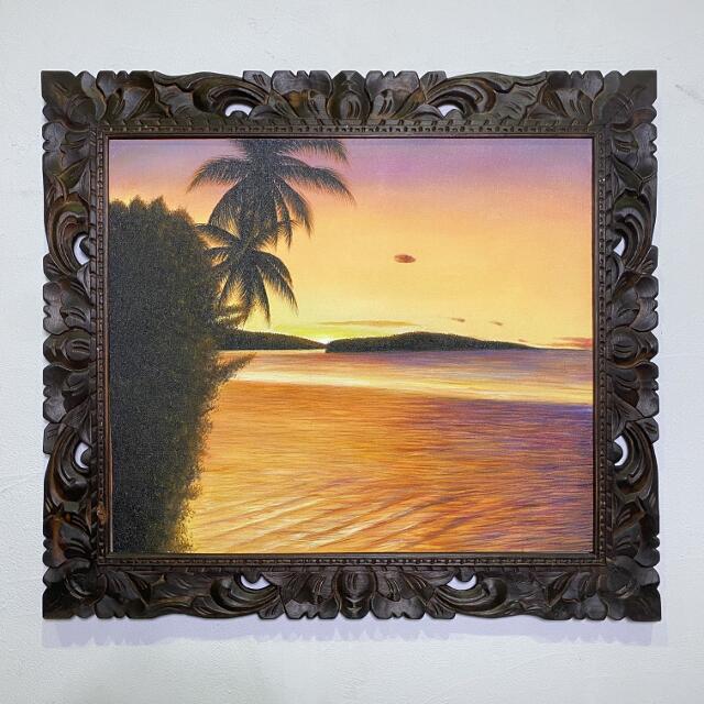 バリ島 油絵 彫刻額付き 絵画バリ島ヤシの木とハンモック No.0508