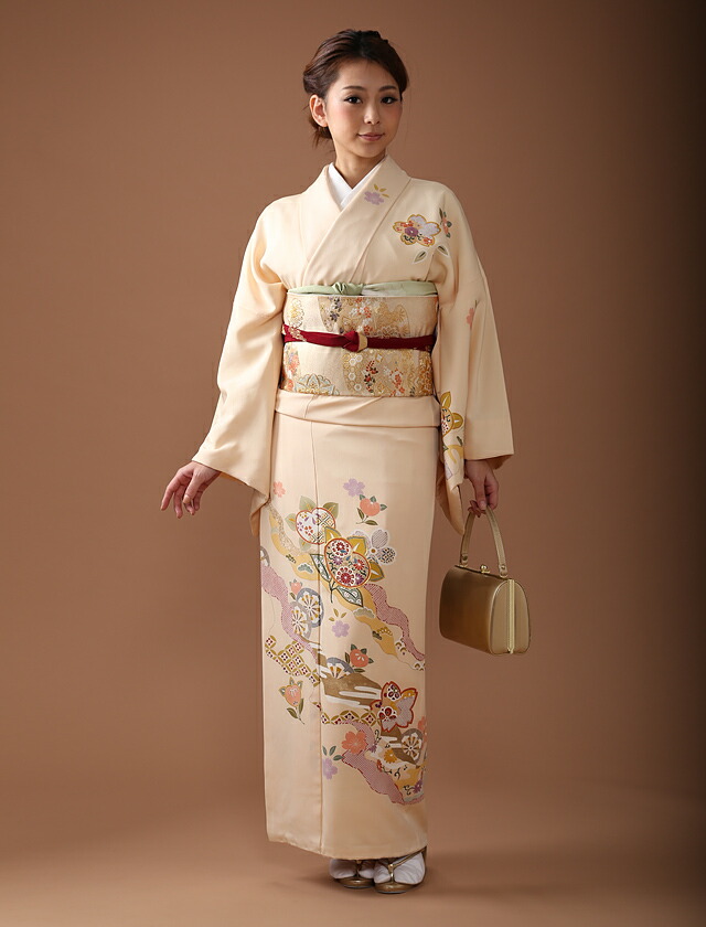 訪問着フルセット 正絹 着物 橙 赤 鳥 花 金 枝花模様 F9