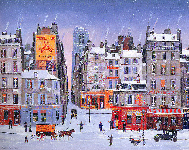 美品】ミッシェル・ドラクロワ「雪の街角」【直筆サイン】【リトグラフ