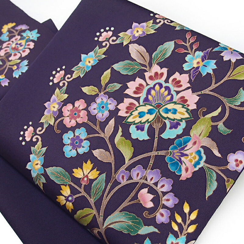 楽天市場】岡重 名古屋帯 九寸 紫 更紗柄 京友禅 正絹 五泉 駒塩瀬 未