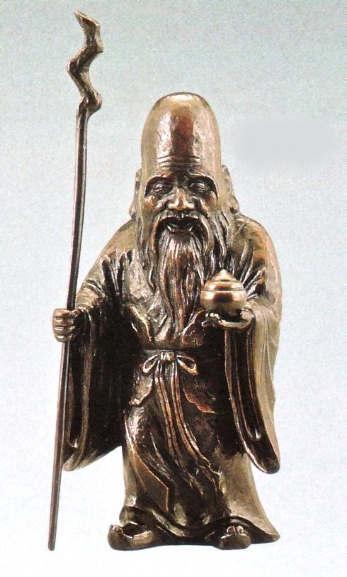 清時代一木造 木彫福禄寿 童子置物26cm 招福 仙人 七福神 寿老人 縁起物