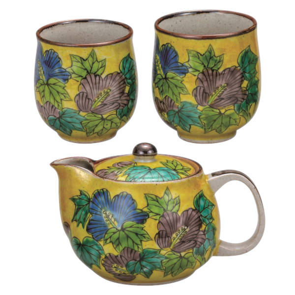 九谷焼 錦生窯 本多順一作 小茶器揃 急須 煎茶碗五客 湯冷 共箱 GR7272