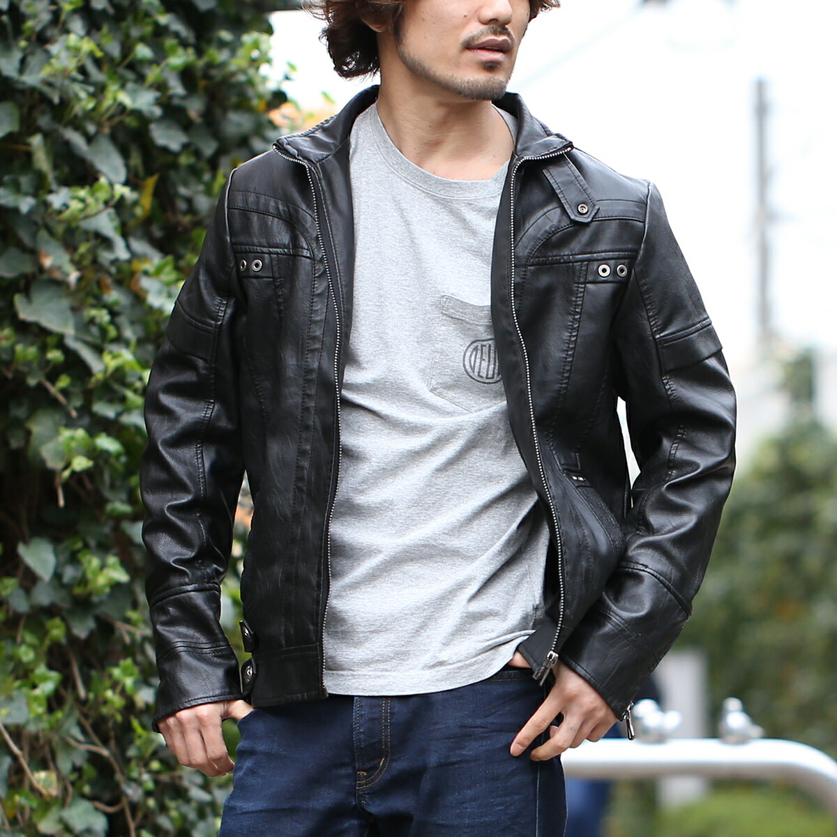 楽天市場】メンズ ライダースジャケット 革ジャン 本革調 ディテールに