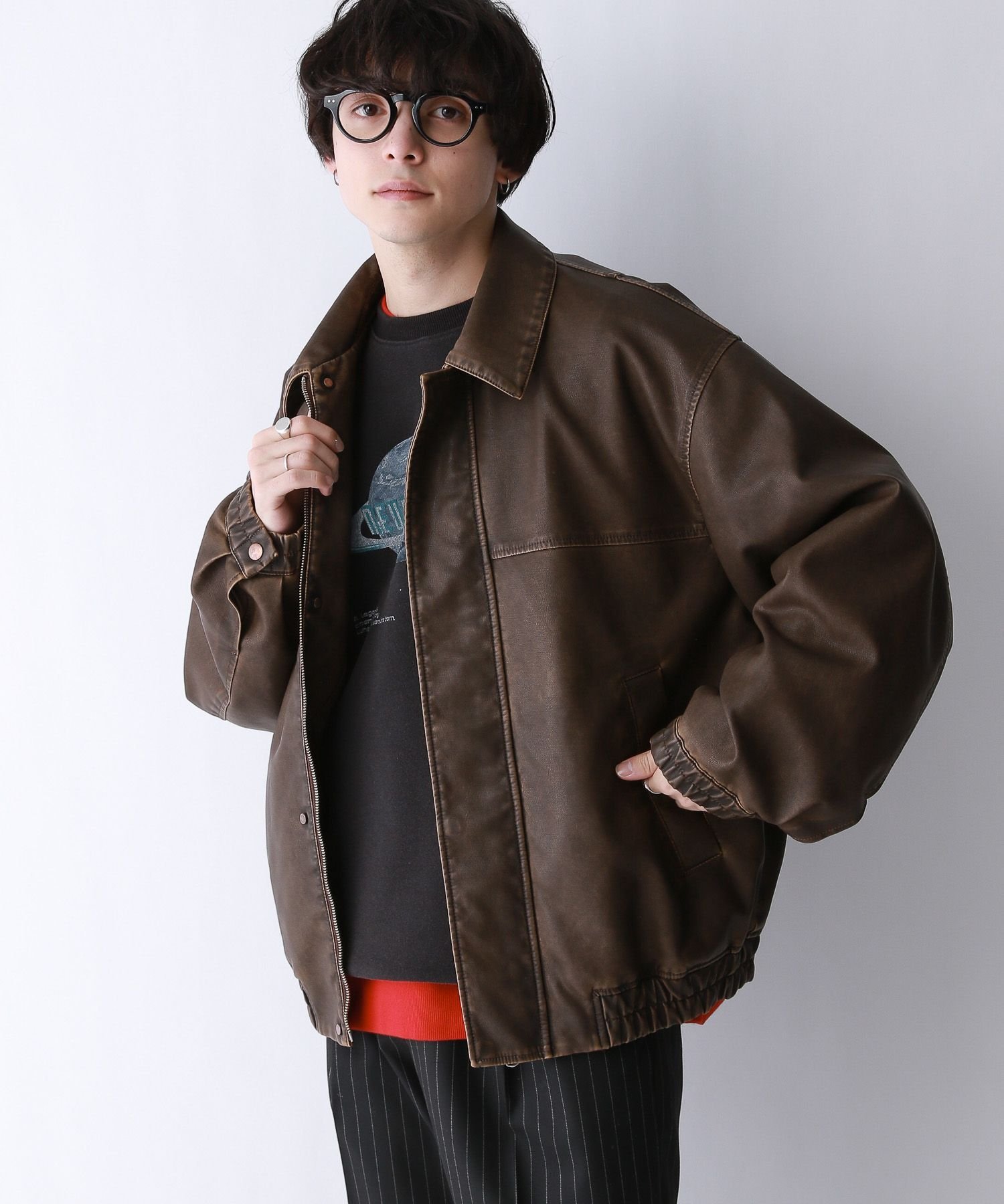 RAGEBLUE｜ヴィンテージライク/シンセティックレザーブルゾン