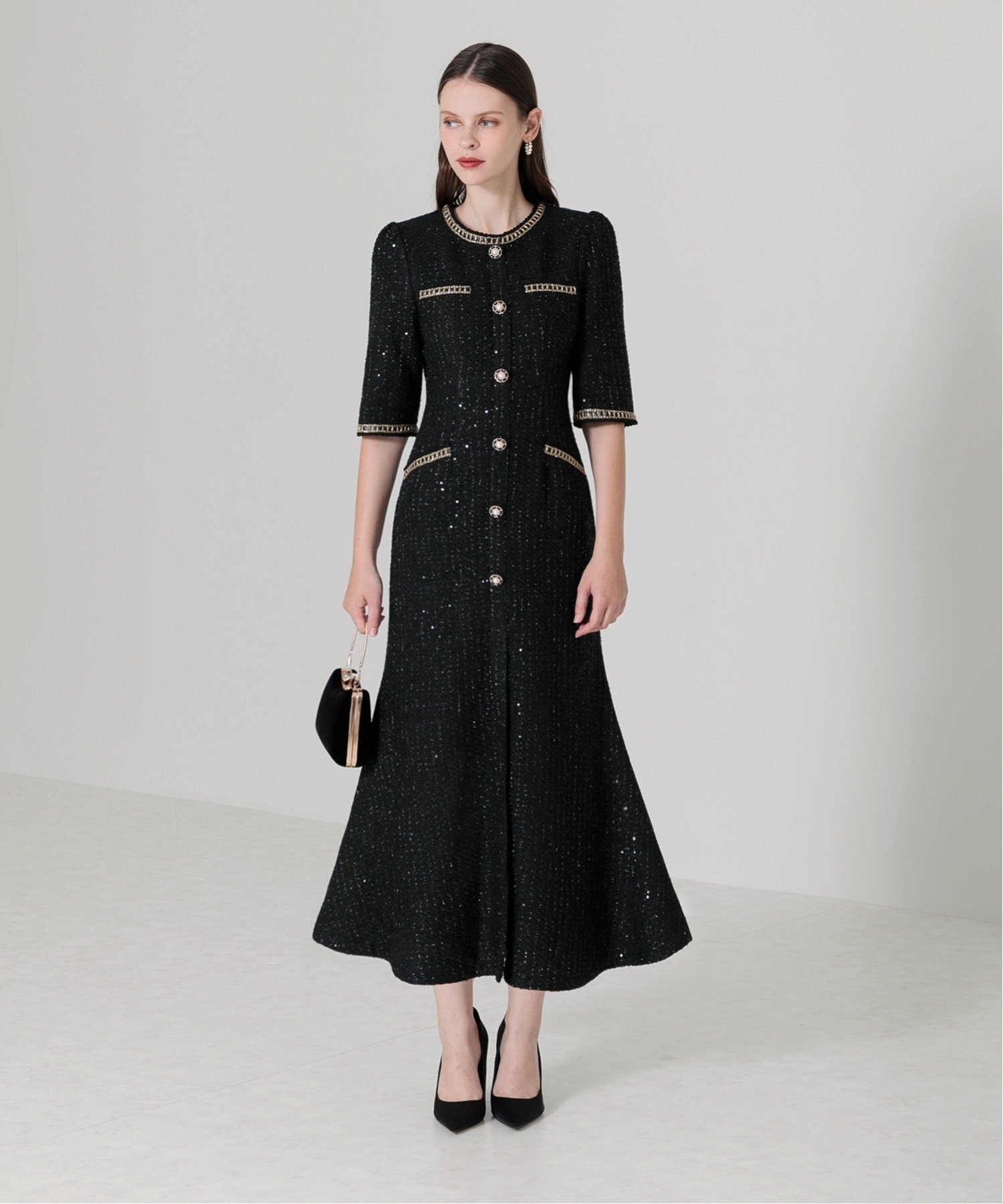 Leja｜LEJA/ラメ混ツイードパール釦スパンコール刺繍ワンピースドレス