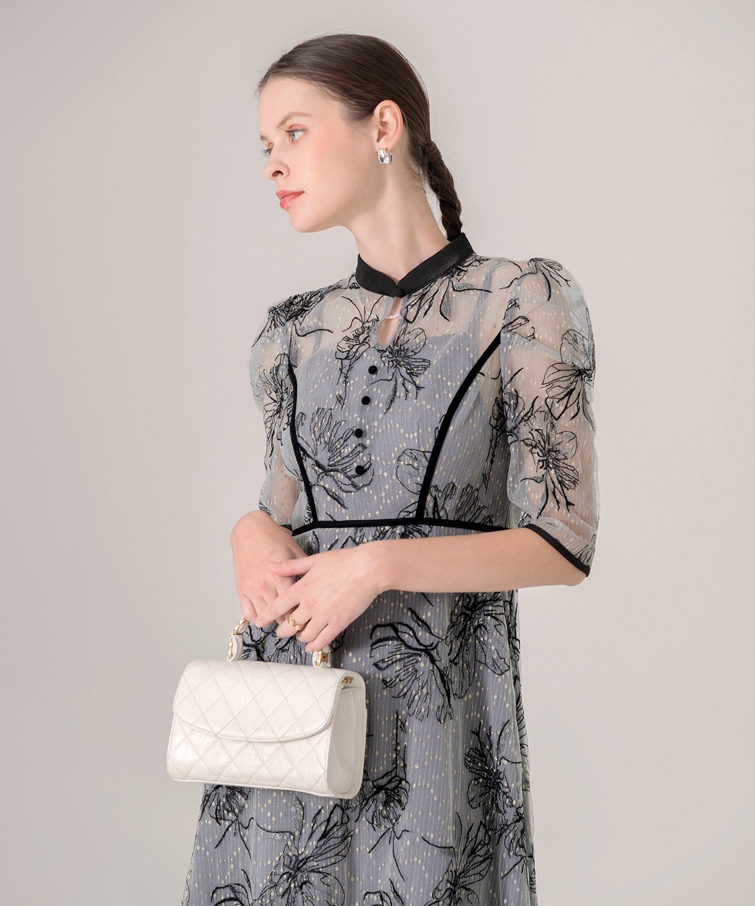 LEJA グレー レース 結婚式 ドレス S LEJA-配色パイピング花柄