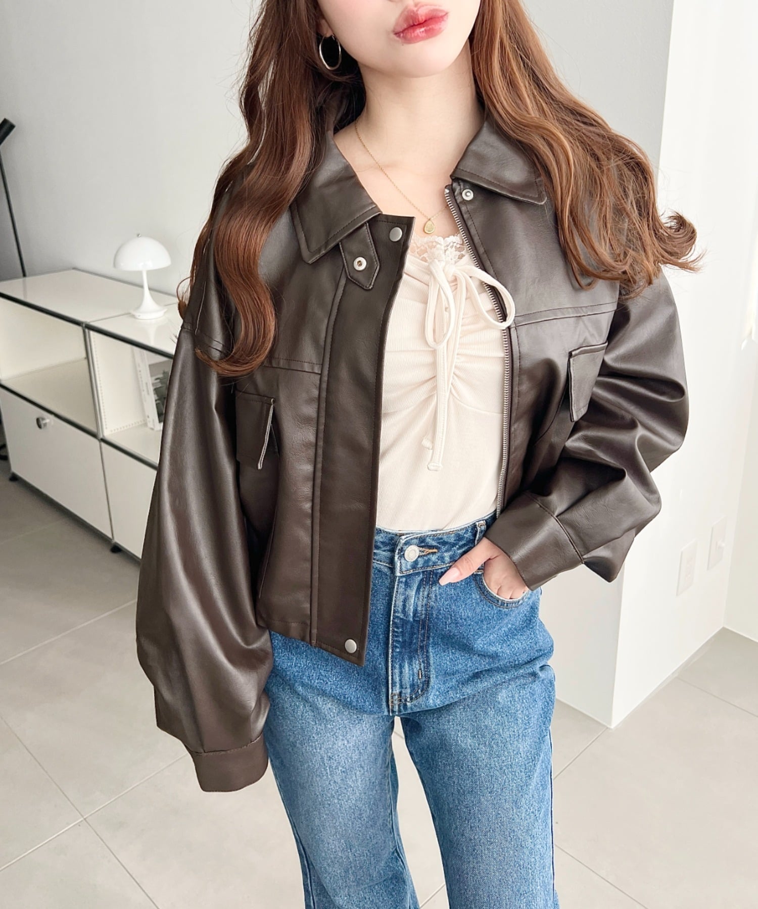 moment+｜2WAYカラーショート丈フェイクレザーブルゾン | Rakuten