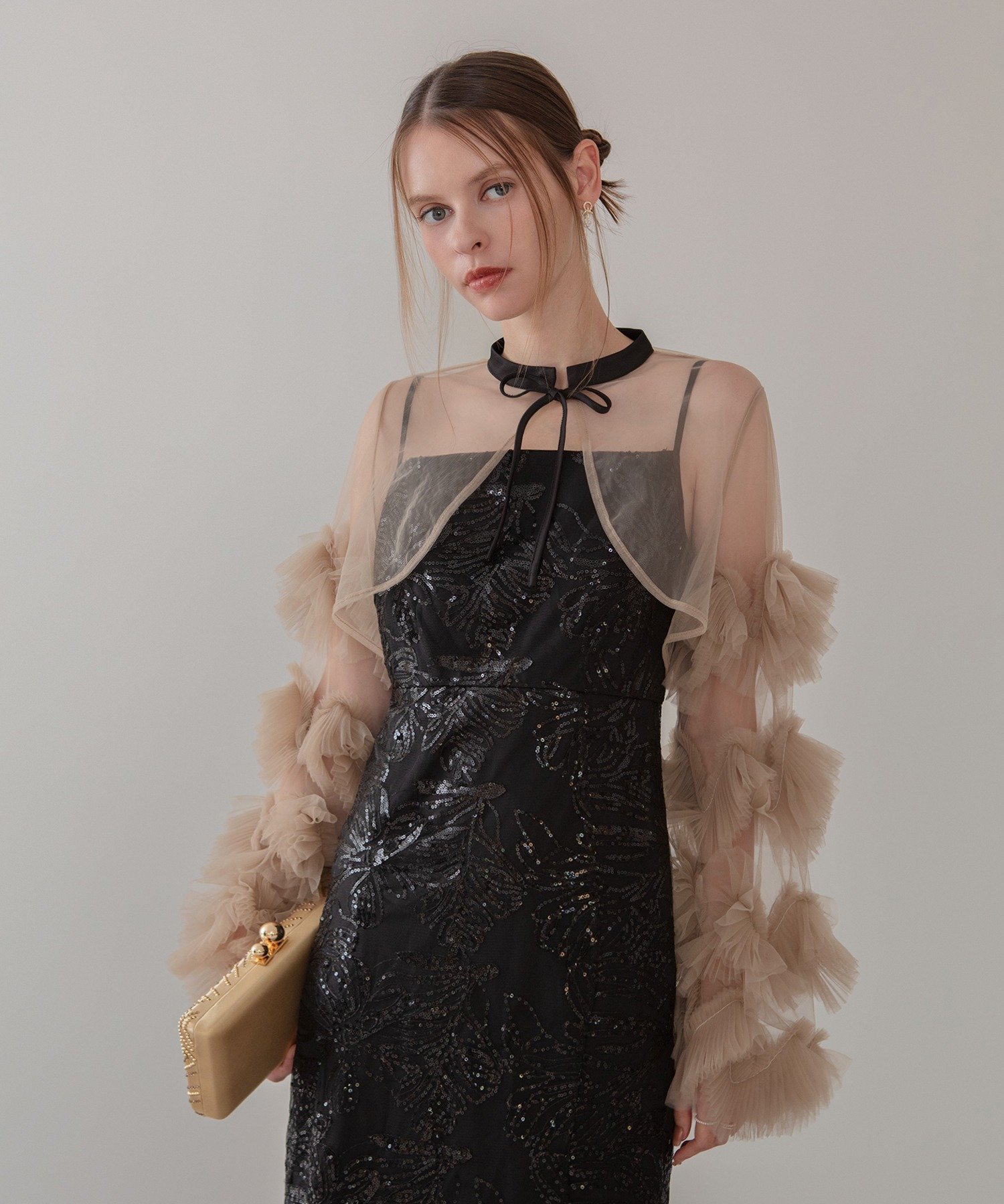 Leja｜Leja-フリルチュールスリーブリボンIラインワンピースドレス結婚