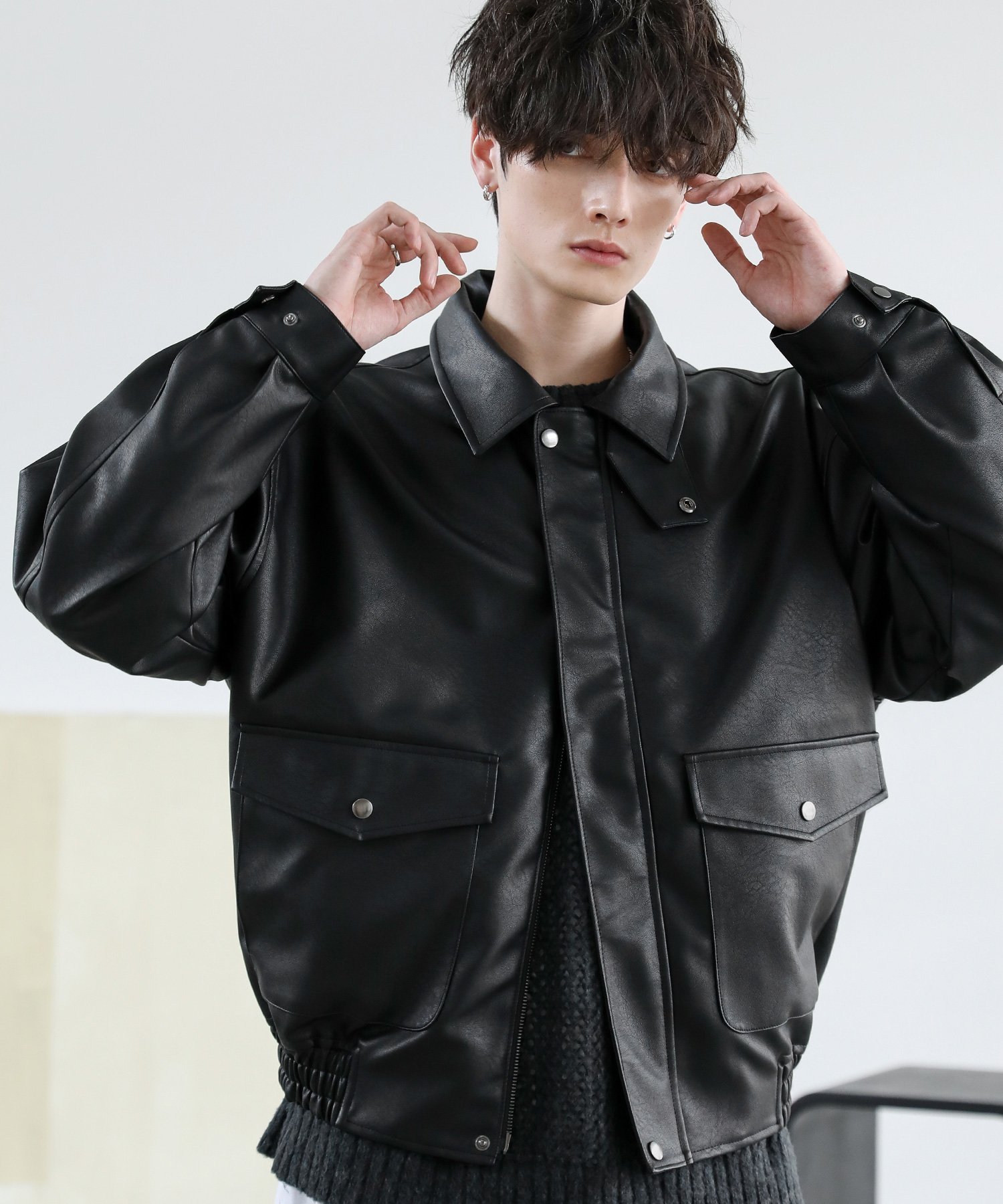 ギミック ショート丈レザージャケット ブルゾン 短丈 フライト モード