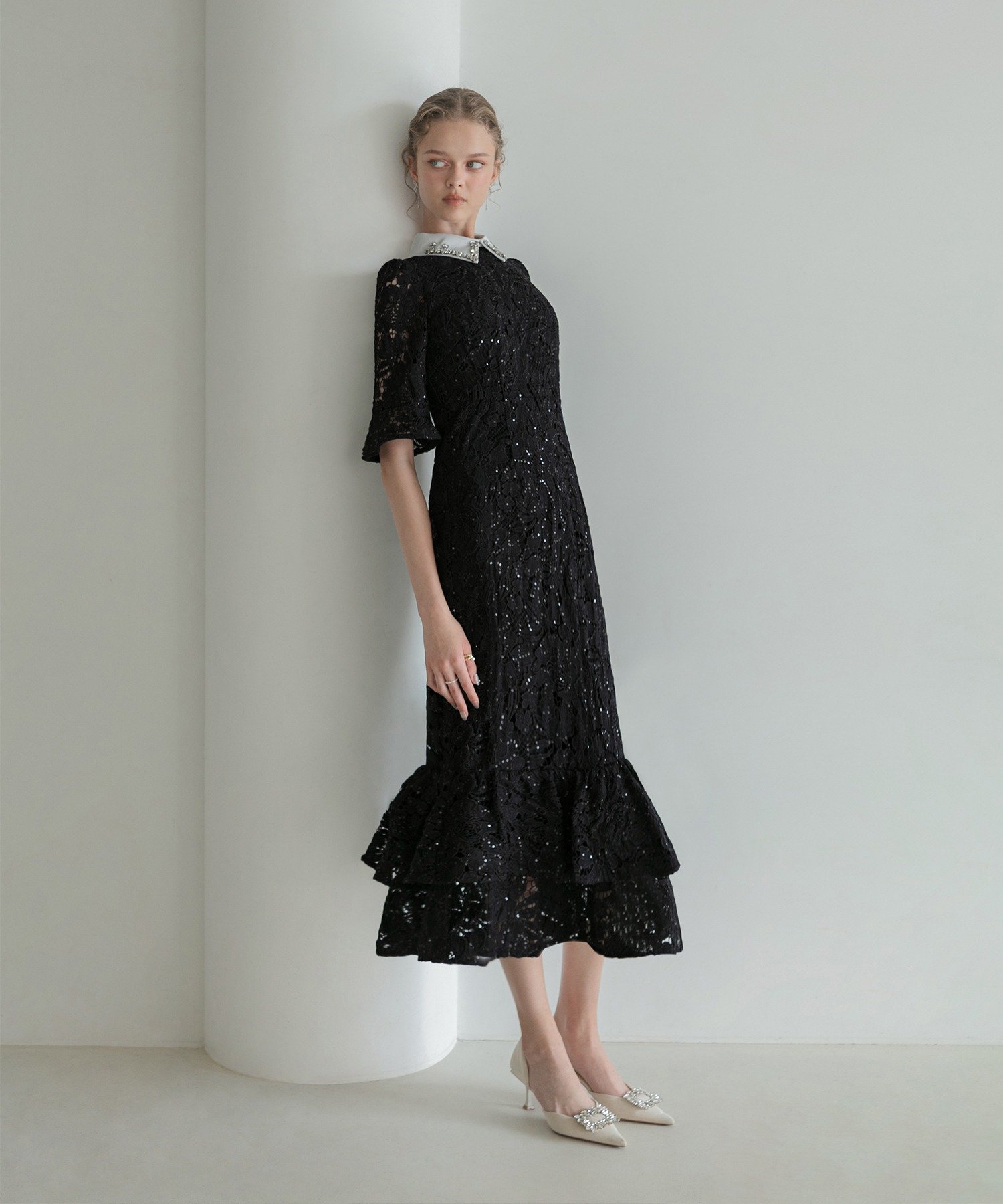 レースパイピングフリルマーメイドワンピースドレス Leja laja M 美品