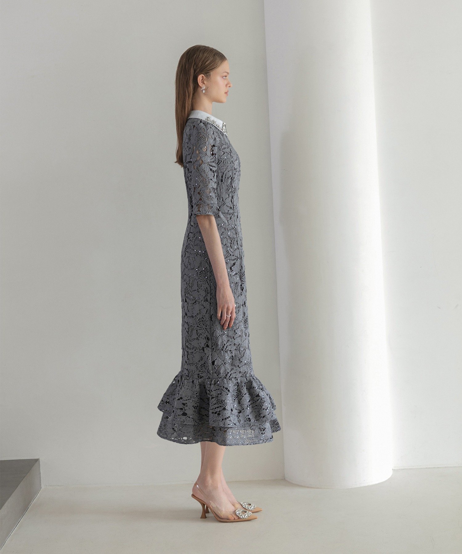 Leja｜Leja-ビジューカラーフラワーフリルマーメイドワンピースドレス