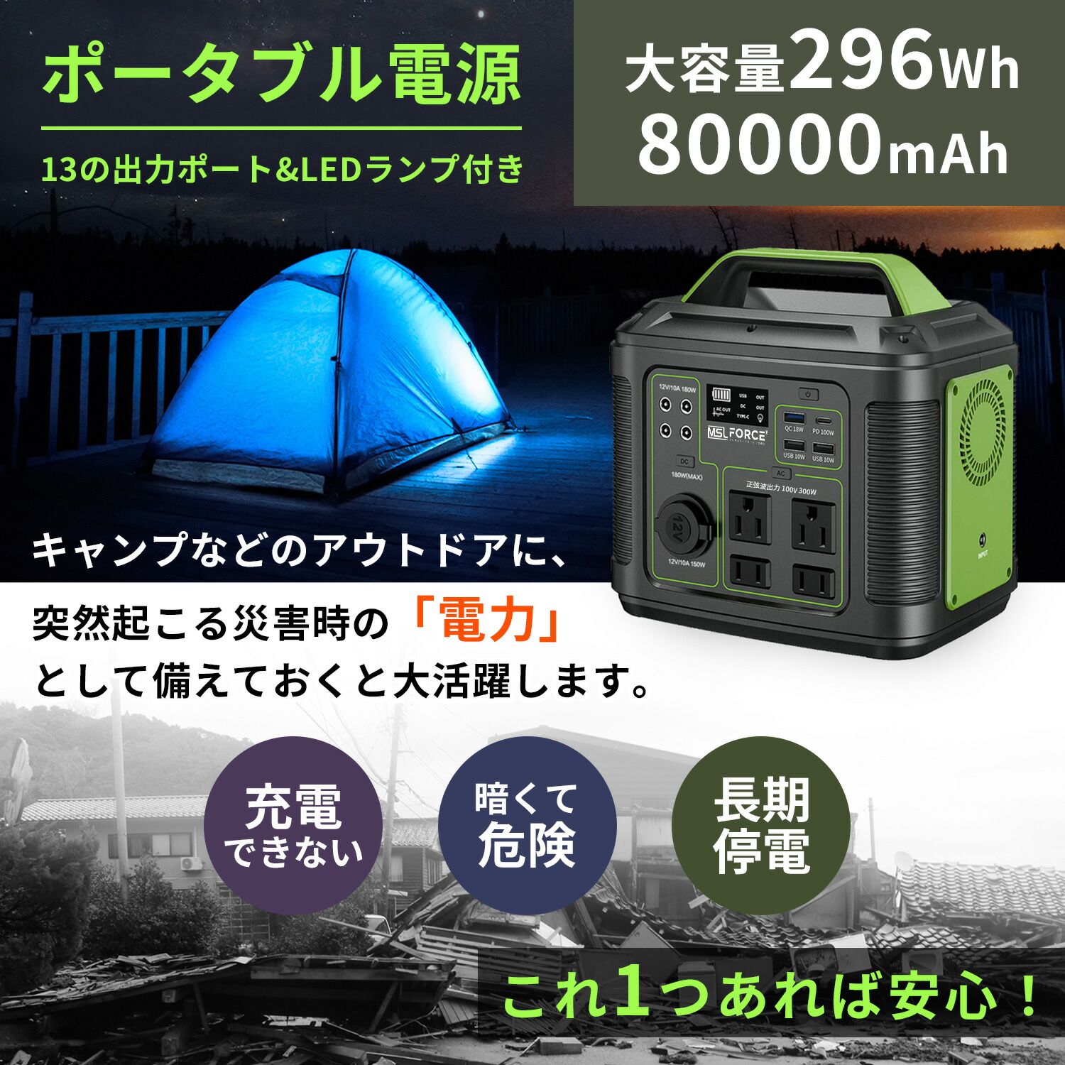 ポータブル電源 80000mAh/296Wh PSE認証 アウトドア 防災 購入