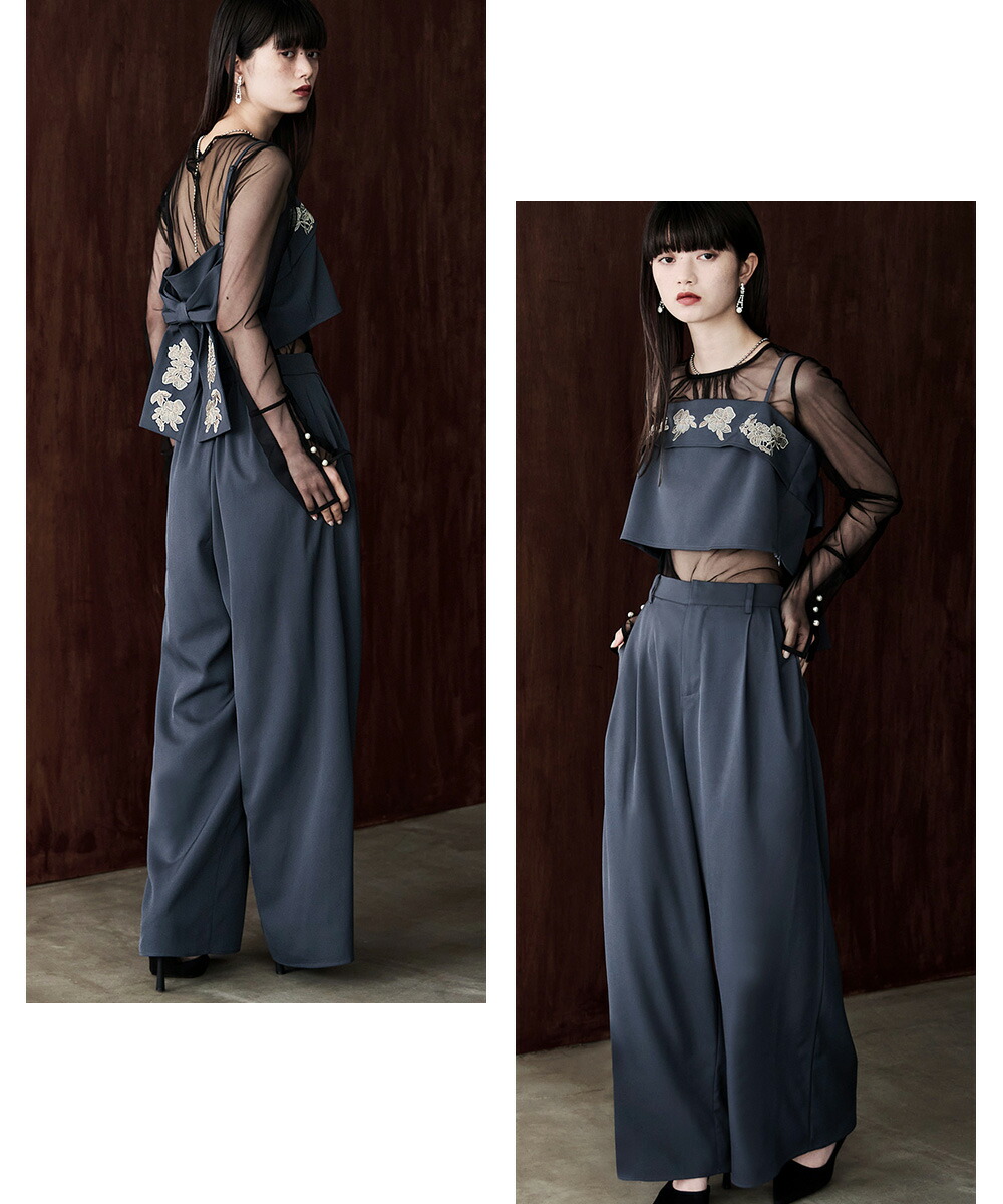 楽天市場】3piece刺繍リボンビスチェ＆タックワイドパンツセットアップ