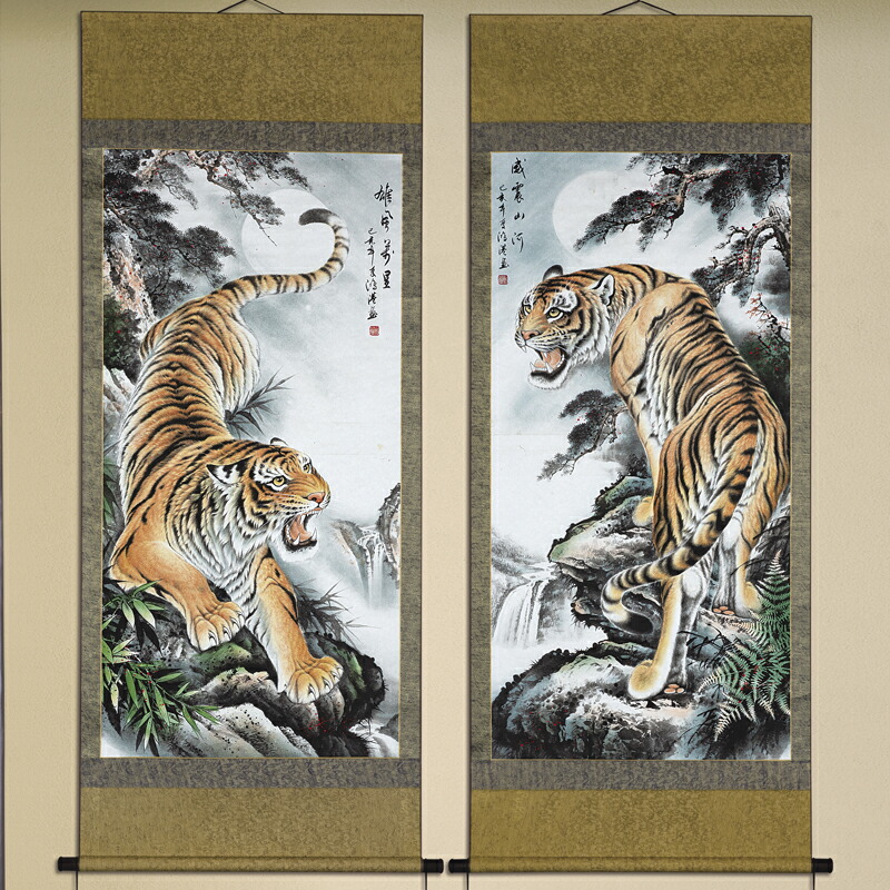 真作/佐伯岸駒/猛虎図/布袋屋掛軸HH-519