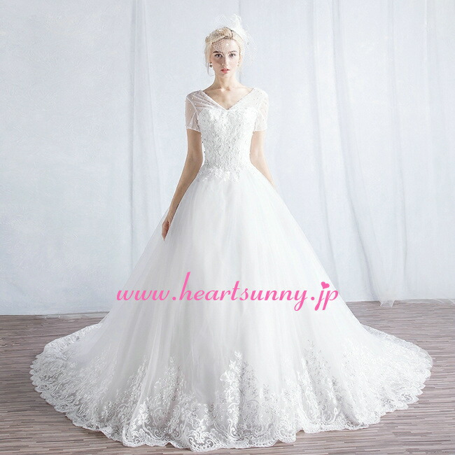 楽天市場】ウェディングドレス プリンセス☆B145☆Vネックフレンチ袖