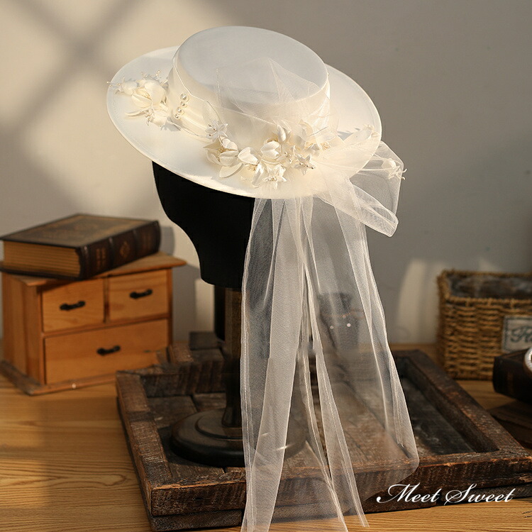 楽天市場】ウェディングハット 帽子 フラワー サテン カンカン帽 オフ