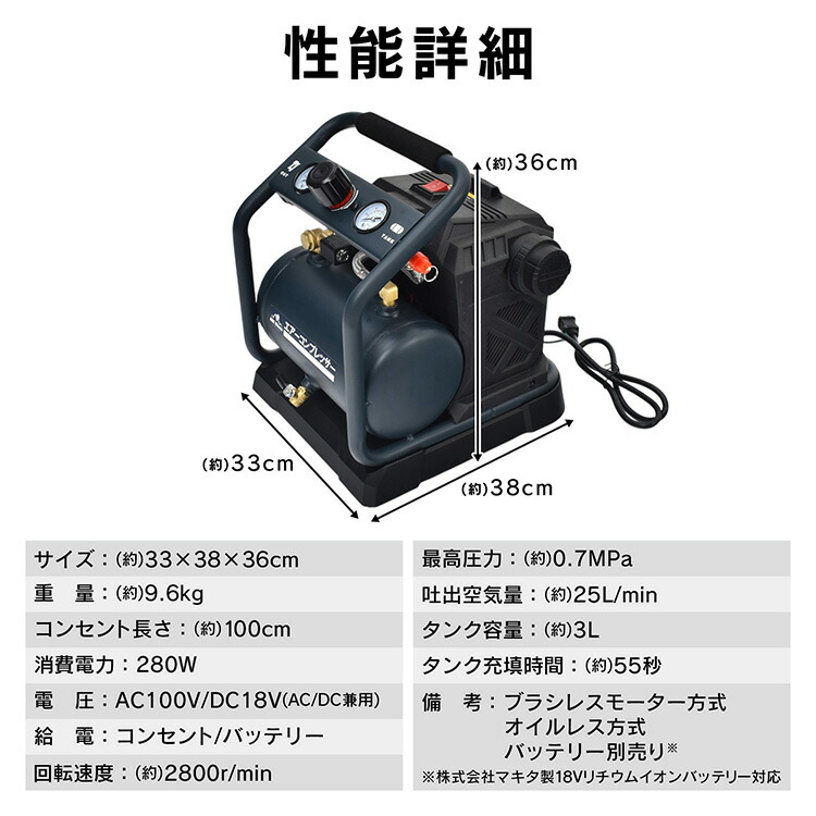 楽天市場】エアコンプレッサー エアーコンプレッサー 3L 静音 電動