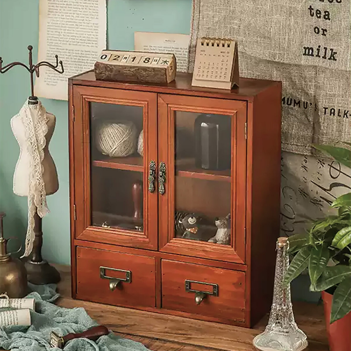 鏡台 化粧台 小物入 6段 引出収納 収納棚 木工芸 レトロ アンティーク