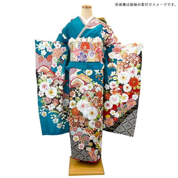 楽天市場】仕立て付き 正絹 振袖単品 f-006-t 青緑 ブルー グリーン