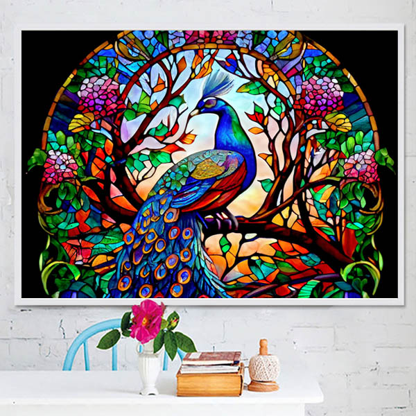 ステンドグラス 孔雀と花のデザイン 約30cm x 40cm ステンドグラス