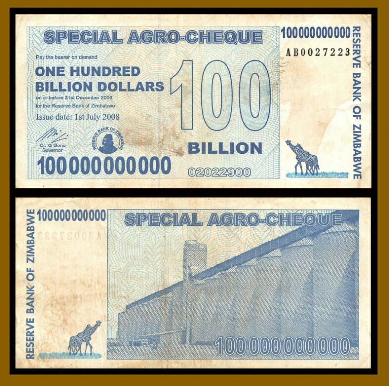 保証書付！！ジンバブエ 紙幣 100兆 ジンバブエドル紙幣 5枚 外貨 J-2