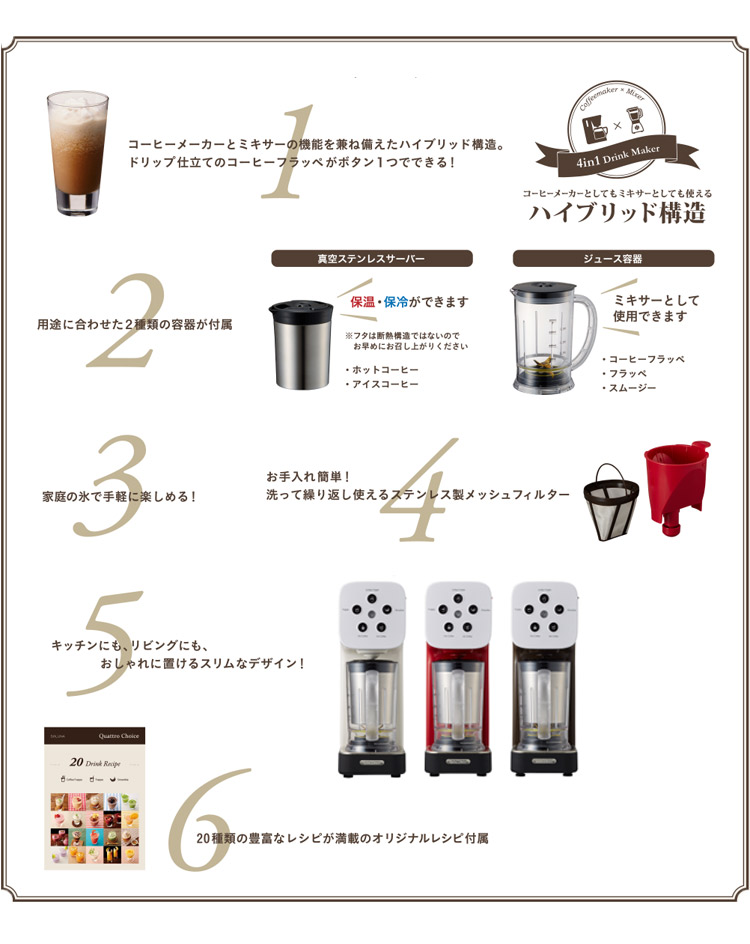 楽天市場】ピエリア コーヒーメーカー ミキサー 機能付 クワトロ