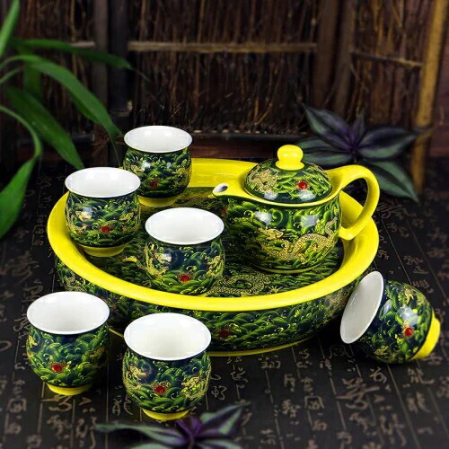 中国 景徳鎮製 闘彩蝶文 急須＆煎茶碗五客セット 無傷