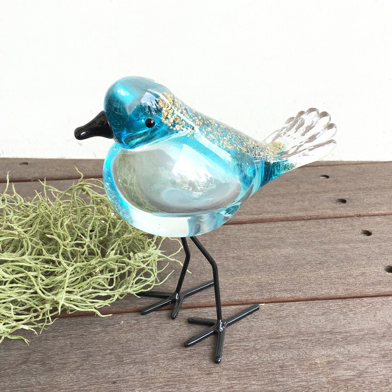 ガラス製 鳥のオブジェ 青と緑 鳥 置物