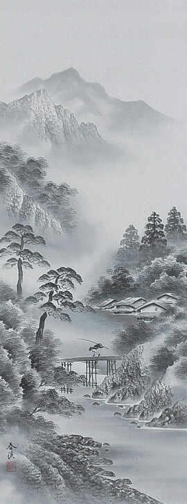 真作】掛軸 無落款 静寂の湖畔風景 幽玄の水墨山水 遠景の雅趣 R75 真