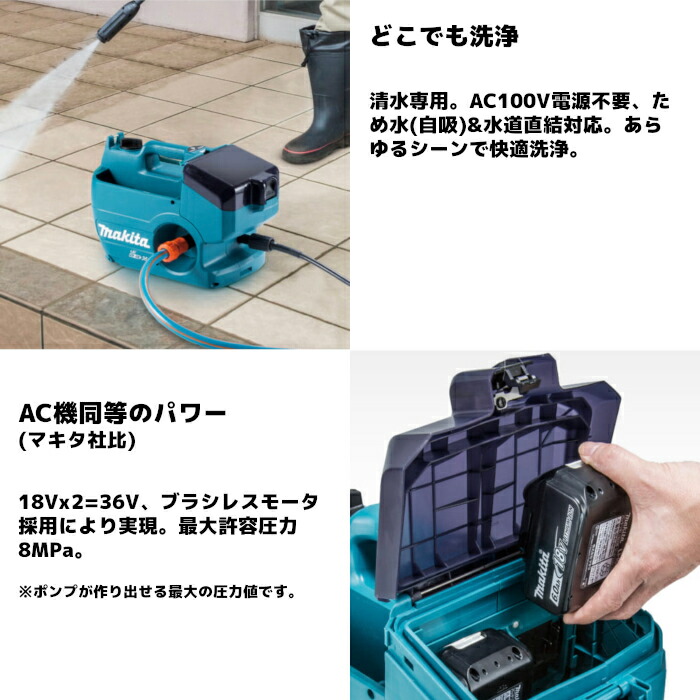 楽天市場】マキタ(makita) MHW080DPG2 充電式高圧洗浄機 36V(18V+18V