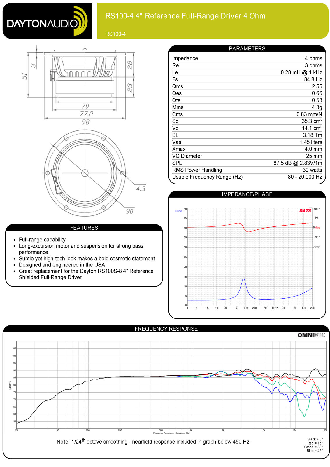 Dayton Audio RS100-4 10cmアルミコーンフルレンジ ペア RS100-4 10cm