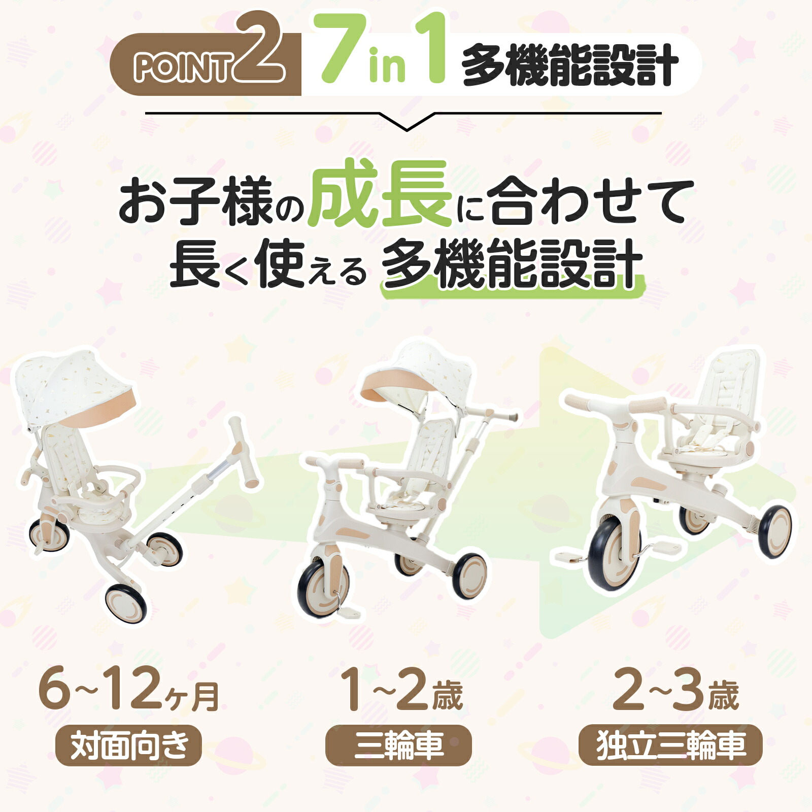 新品】多機能三輪車【ベージュ】 7in1□安全設計1歳〜5歳 新品】多機能