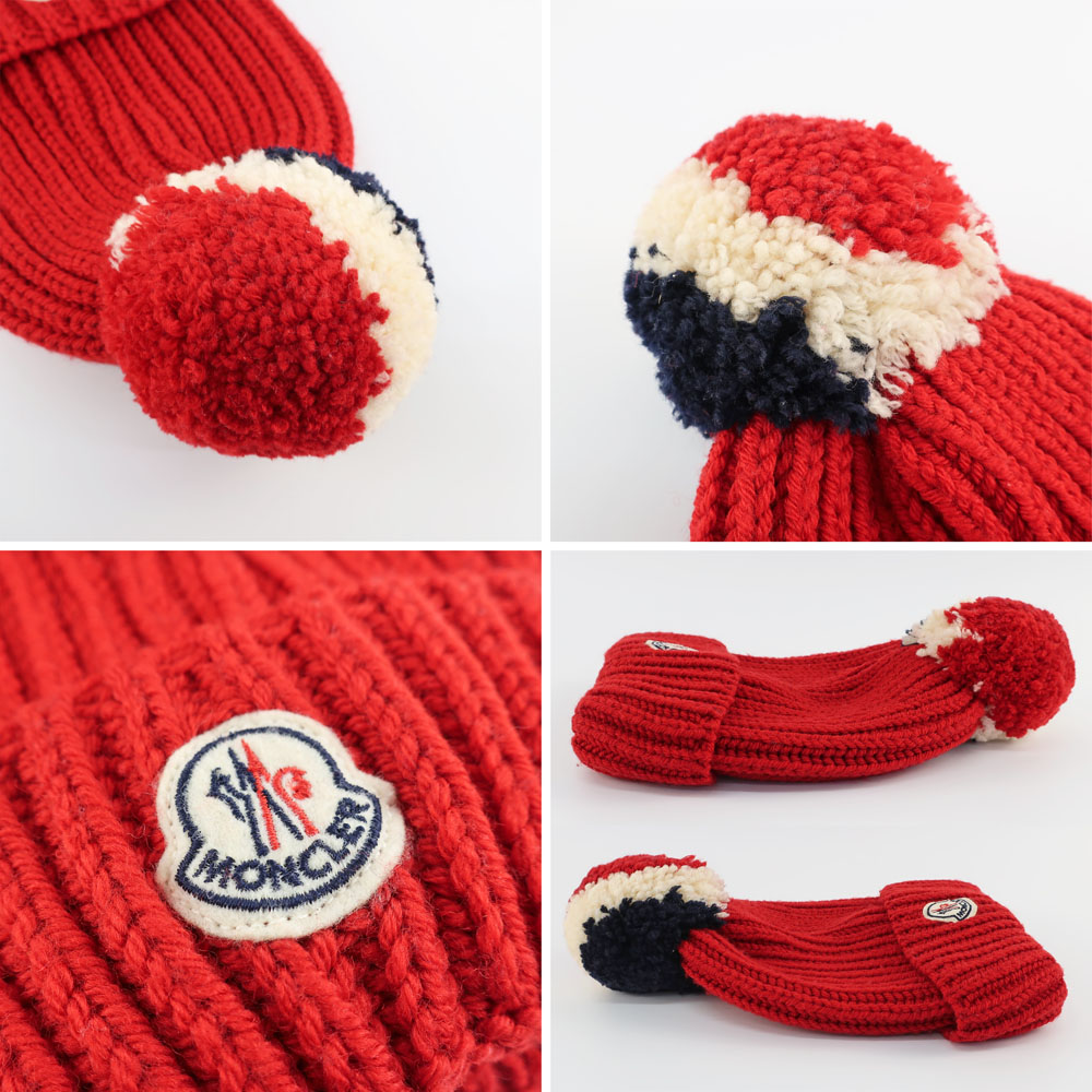 天白】【MONCLER】モンクレール ニット帽子 レッド系 ニット帽 ニット
