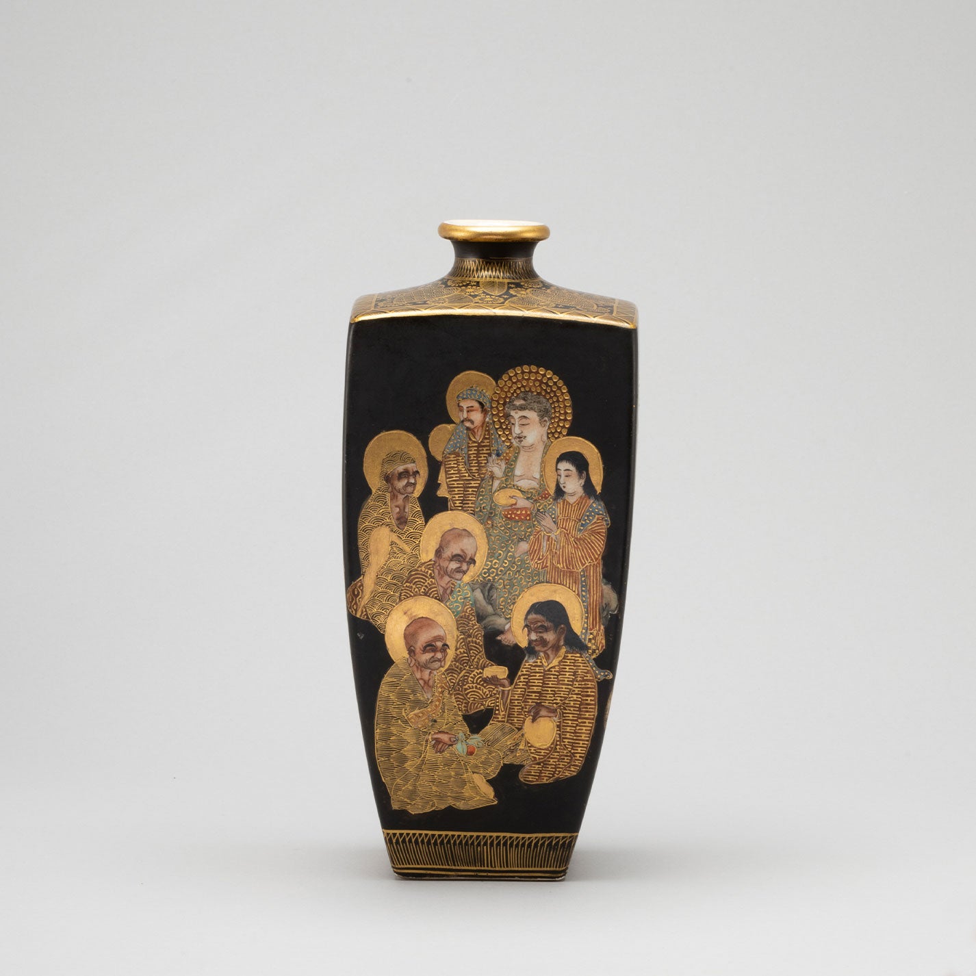 江戸期 京薩摩 帯山造 金襴手花入！7712 江戸期 京薩摩 帯山