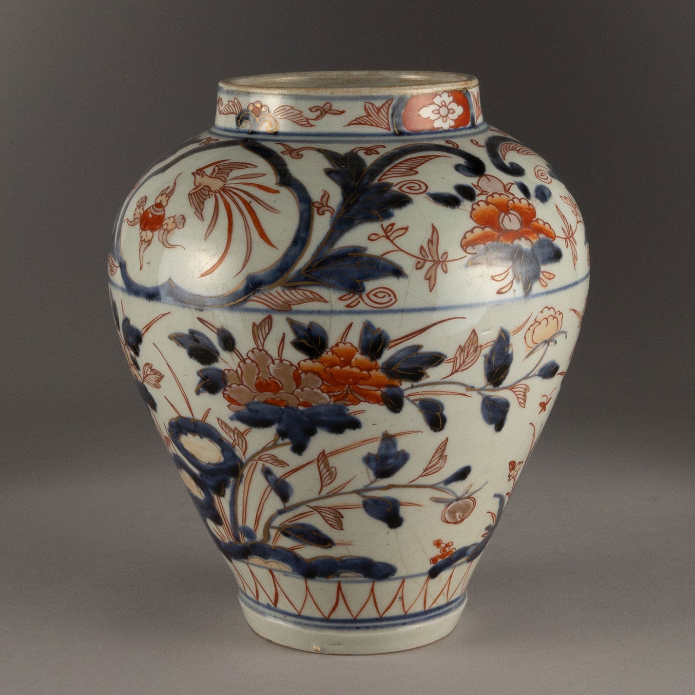 伊万里色絵花鳥図 茶壺 古伊万里 骨董 R1181お12 伊万里色絵花鳥図