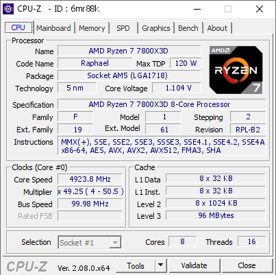 AMD Ryzen 7 7800X3D @ 4923.8 MHz - CPU-Z VALIDATOR