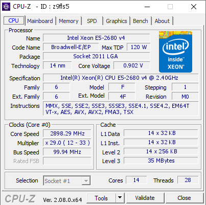 Intel Xeon E5-2680 v4 @ 2898.29 MHz - CPU-Z VALIDATOR