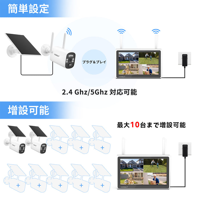 VORGUT 防犯カメラ 屋外 ソーラー 2台 (400万画素カメラ 2台＋10インチ