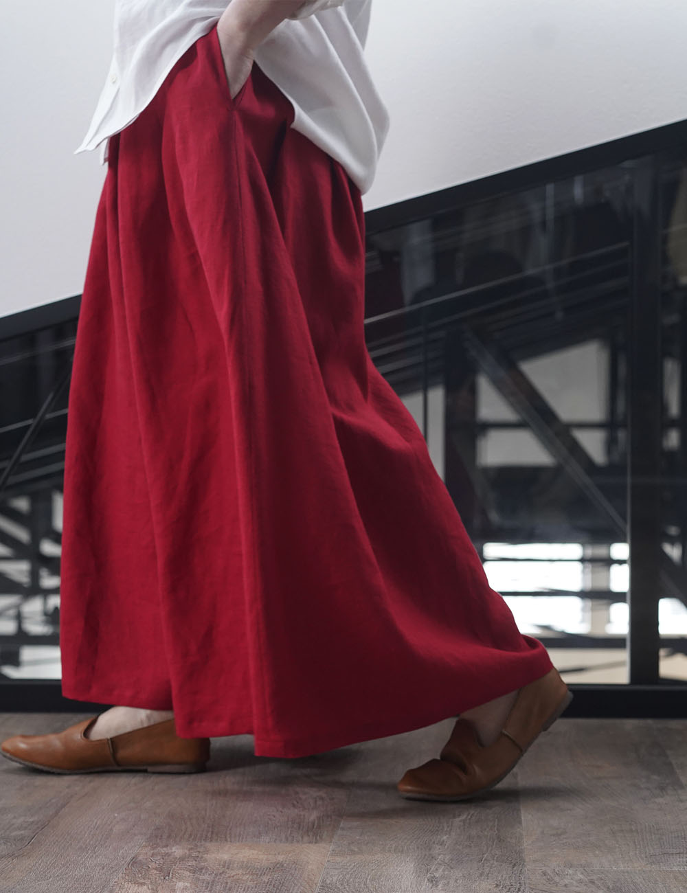 リネンパンツ】袴(はかま)パンツ /赤紅 b002k-akb1