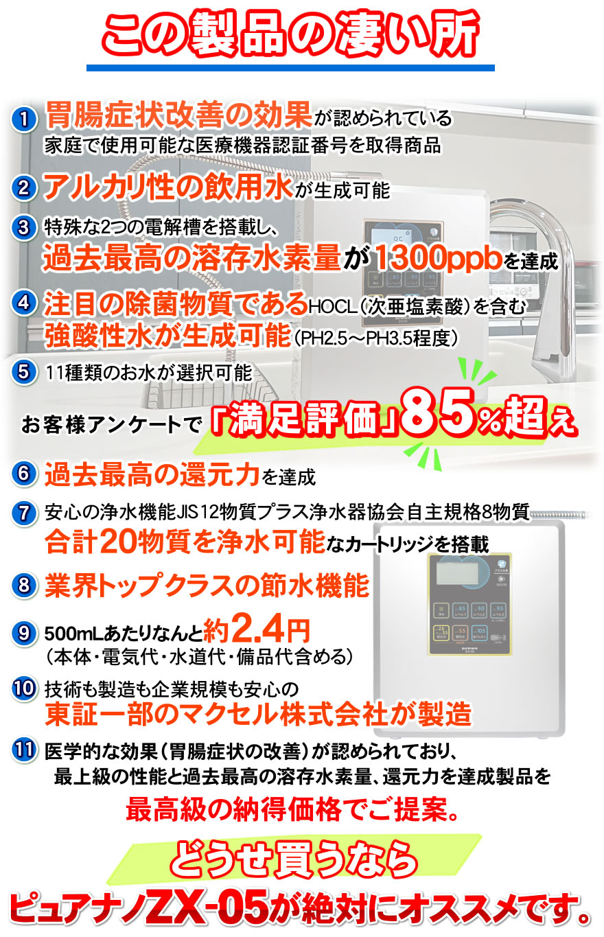 電解水素水生成器 ピュアナノZX-05｜送料無料でお届け