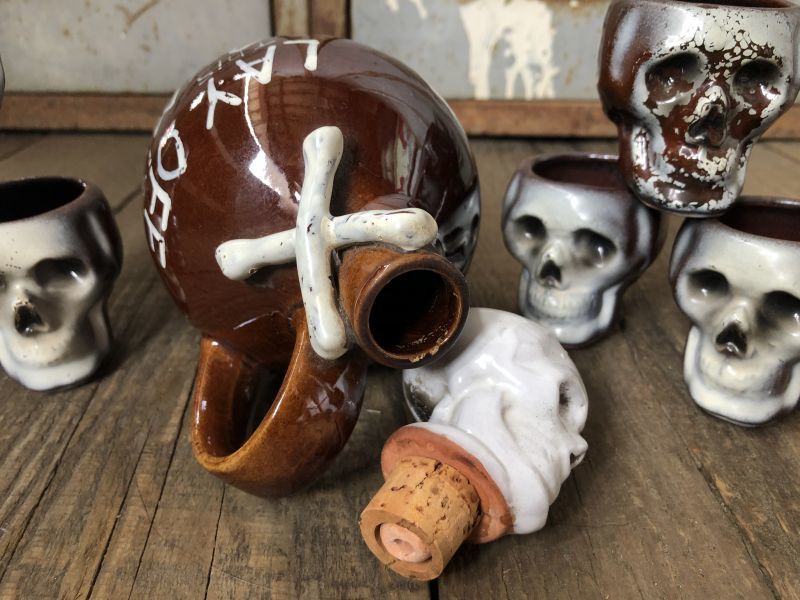 50s Vintage JAPAN Skull Poison Bottle Decanter Shot Glass SET